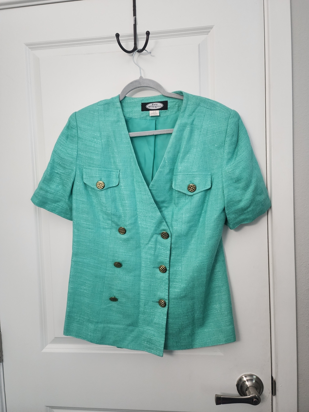Vintage 80s  Turquoise Double-Breasted Short Sleeve Blazer
